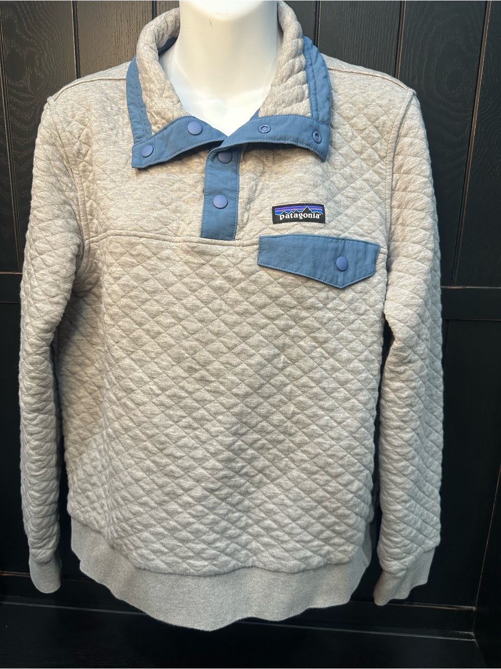 Patagonia Quilted Snap Pullover in Cream with Blue Trim